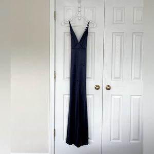 Windsor Satin V Neck Gown, Size XS, Navy Blue